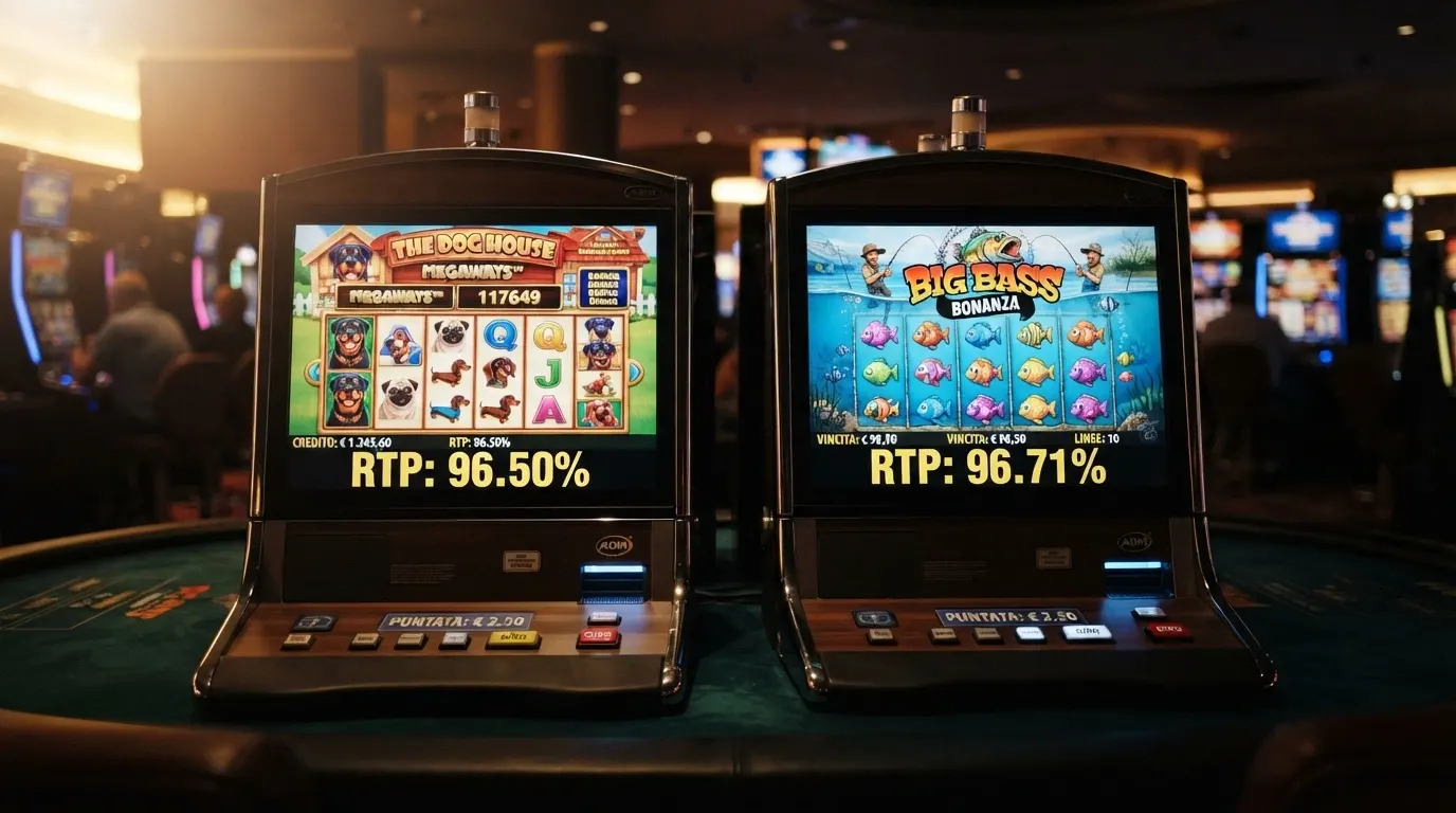 Due schermate affiancate di slot machine online: a sinistra The Dog House Megaways 1000, a destra Big Bass Bonanza, con i valori di RTP in evidenza.