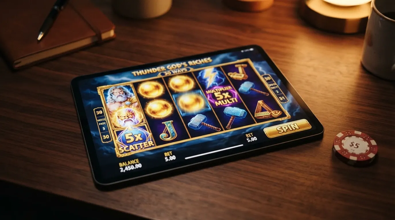 La schermata di una slot machine online con rulli colorati, simboli a tema mitologico e interfaccia di puntata in euro