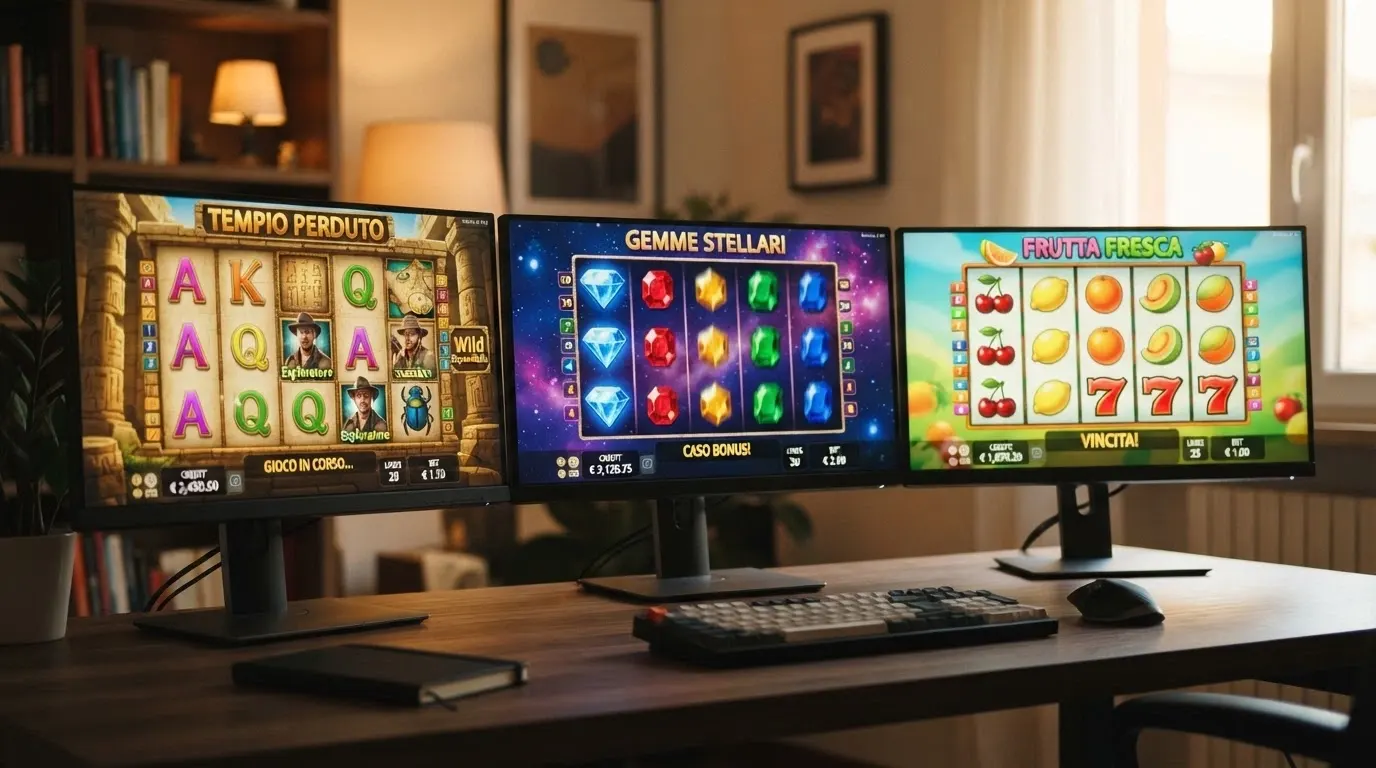 Tre slot machine aperte sui rulli — Book of Dead, Starburst e Sweet Bonanza — con i rispettivi loghi dei provider in primo piano