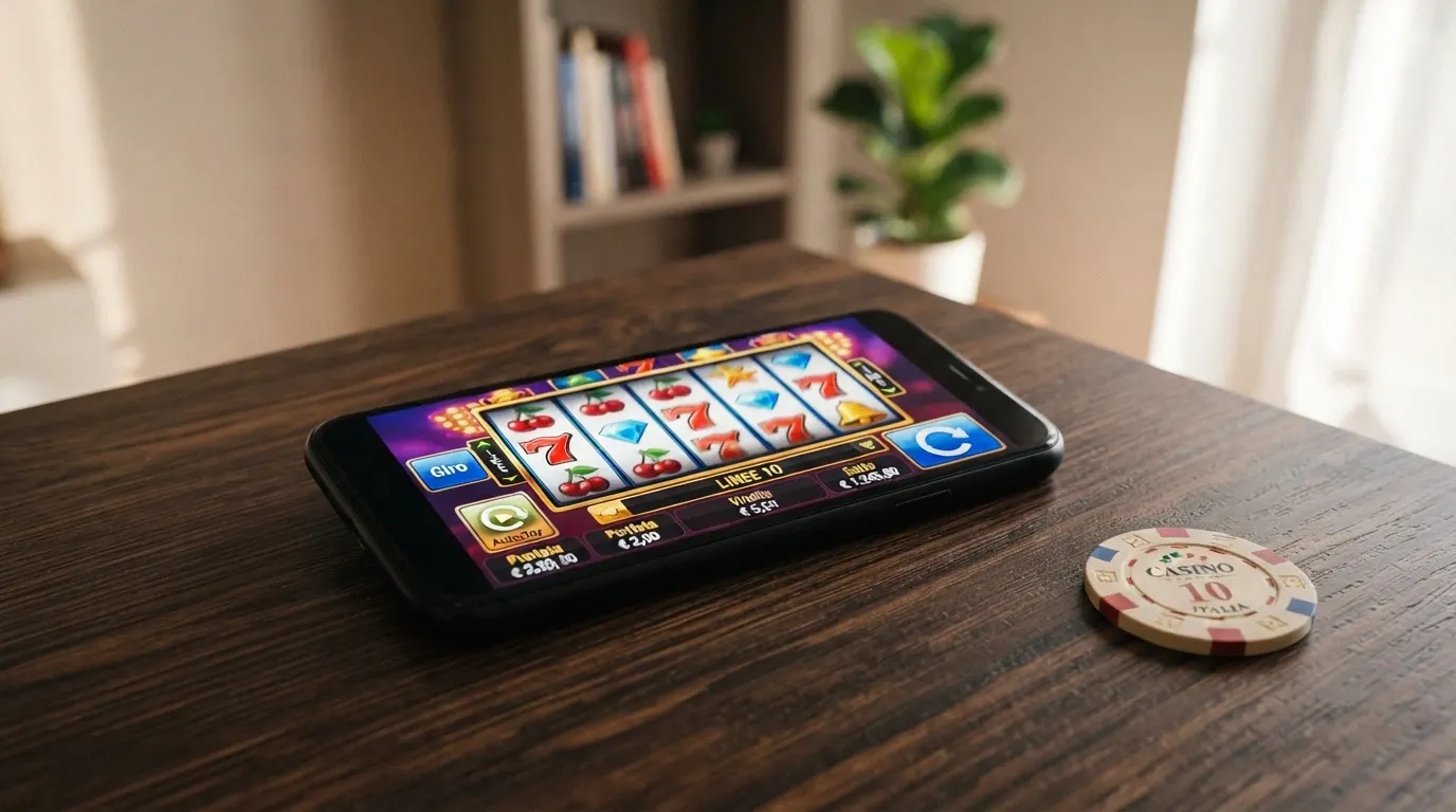 Interfaccia di una slot machine online con rulli, simboli colorati e il pannello dei comandi per puntata, giro manuale e giro automatico
