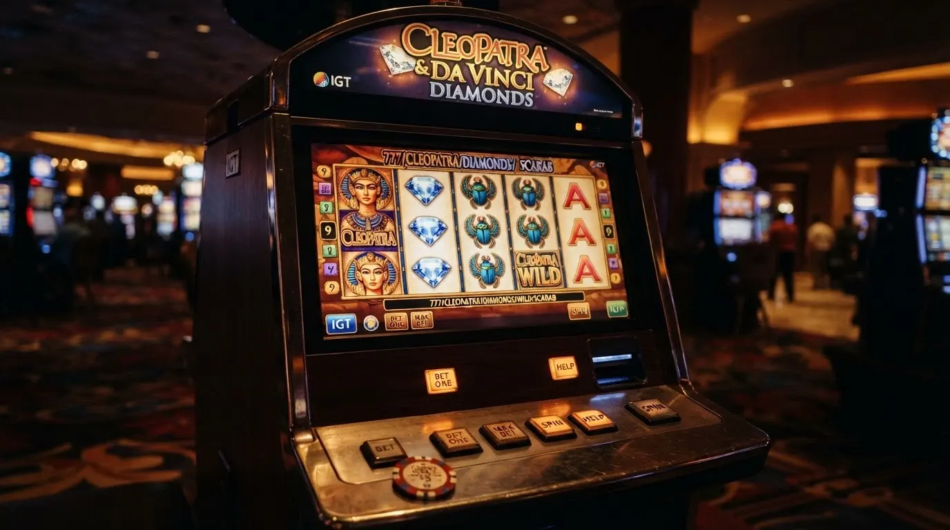 Schermata di una slot machine IGT con rulli, simboli e interfaccia di gioco