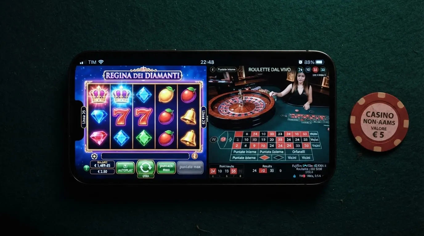 Una schermata di slot colorata con la griglia di una slot Pragmatic Play in primo piano e un tavolo di live roulette visibile sullo sfondo
