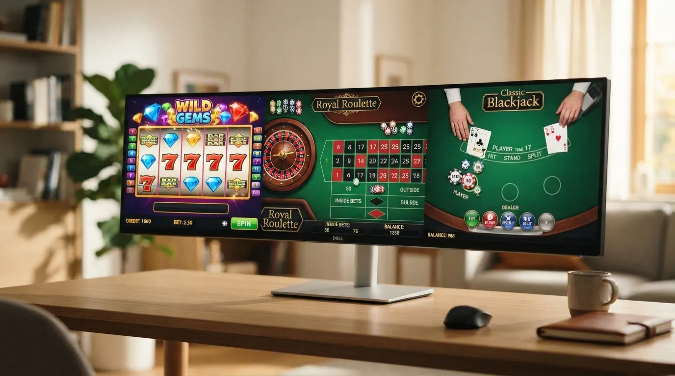 Tre schermate affiancate di giochi da casinò in modalità demo: una slot machine con rulli in movimento, un tavolo di roulette con puntate piazzate, una mano di blackjack con le carte scoperte