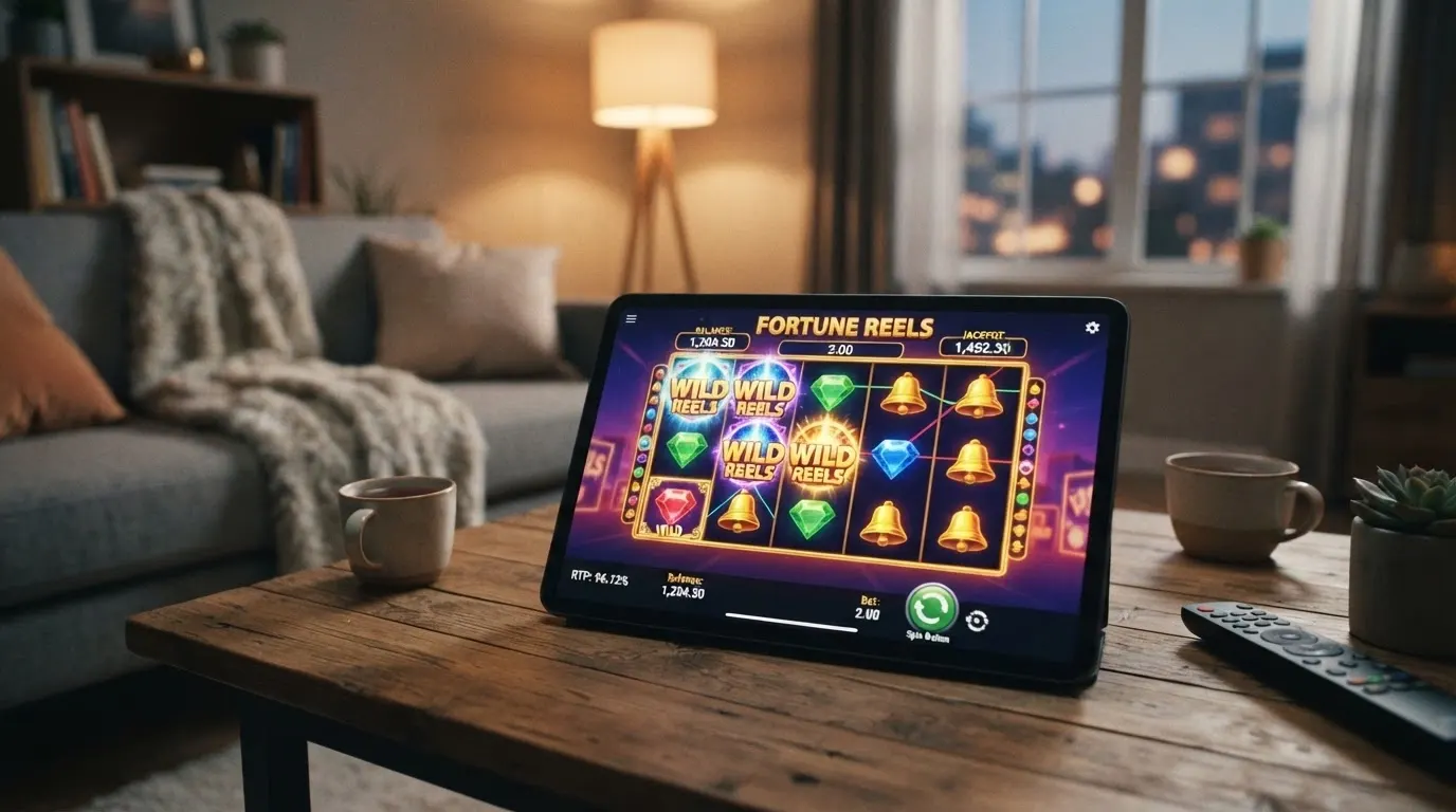 Le bobine di una slot machine online con l'interfaccia di gioco visibile, il pannello della puntata e il saldo in criptovaluta nell'angolo