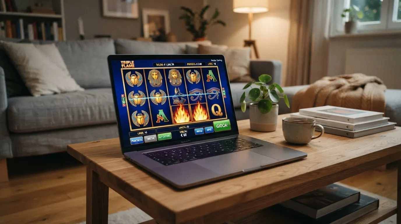 La schermata di gioco di Triple Flame di Merkur con i suoi 5 rulli, 10 linee e la meccanica win-both-ways visibile