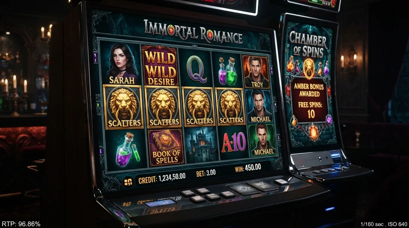 Una schermata della slot Immortal Romance con i rulli in primo piano, la camera delle free spin attiva, il contatore RTP visibile nell'interfaccia