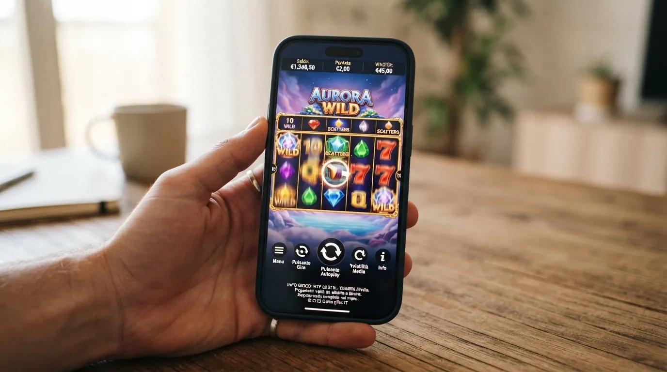 Uno smartphone in orientamento verticale con una slot machine in esecuzione, il pannello delle informazioni con RTP e volatilità visibile