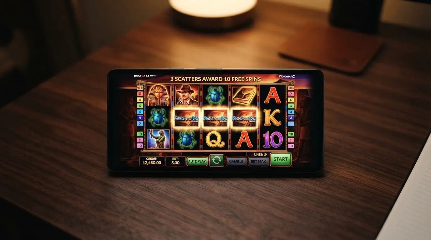 Schermata della slot Book of Ra Deluxe con rulli, simboli egizi e interfaccia di gioco