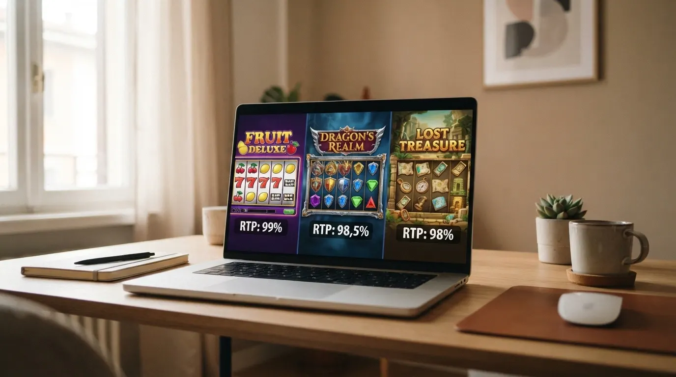 Tre slot machine online affiancate su schermo — una con rulli classici alla Mega Joker, una moderna con grafica articolata, una con tema avventura — ciascuna con il proprio RTP in sovrimpressione