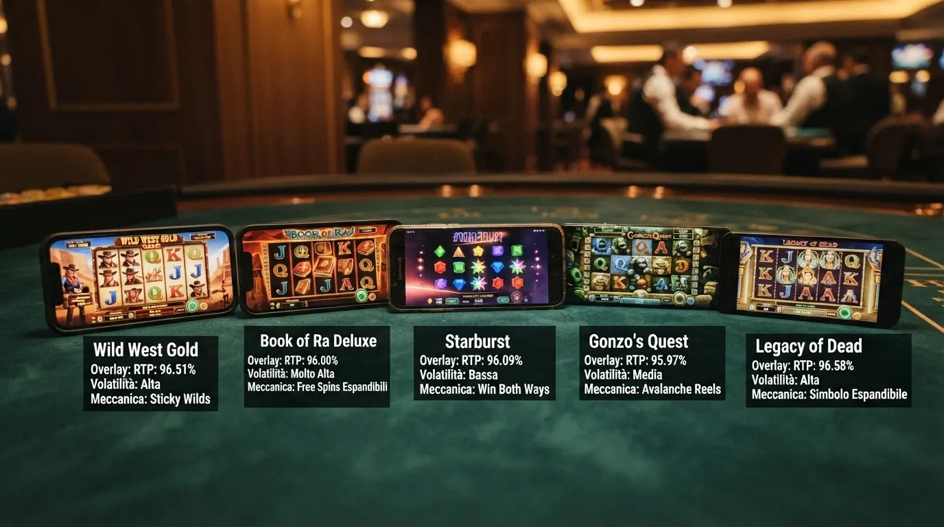 Griglia di cinque slot Play'n GO con i rispettivi dati di RTP e volatilità in overlay