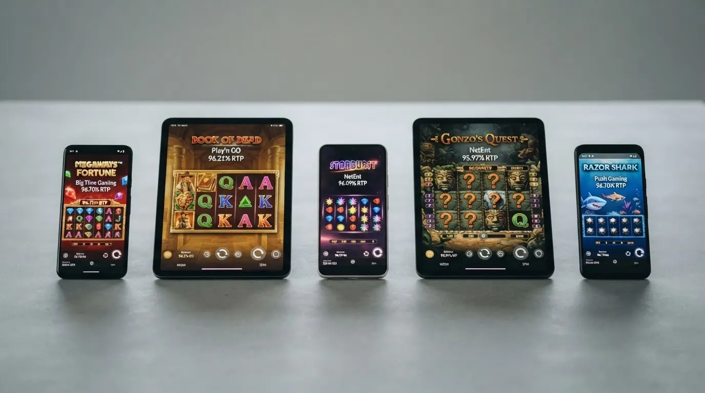 Una selezione di cinque slot machine online ad alto RTP disposte in orizzontale con i rispettivi loghi, le percentuali di payout in evidenza e i nomi dei provider