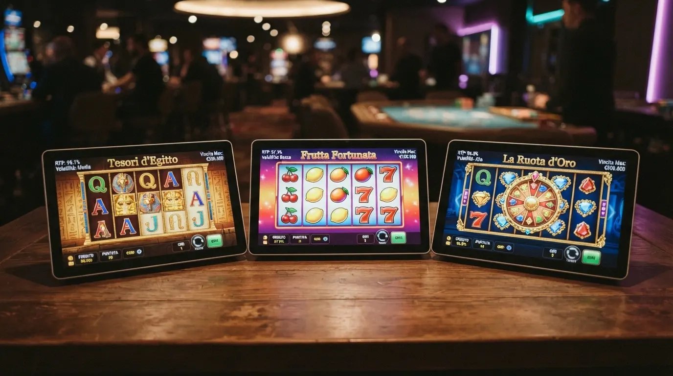 Tre schede di slot machine affiancate — Book of 99, Mega Joker e Blood Suckers — con RTP, volatilità e vincita massima in evidenza