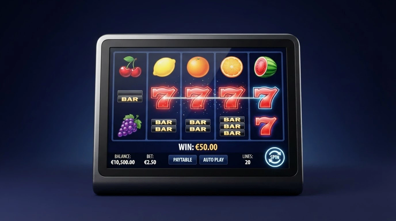 Schermata di una slot machine online con rulli, simboli allineati e l'indicatore della puntata visibile nell'interfaccia