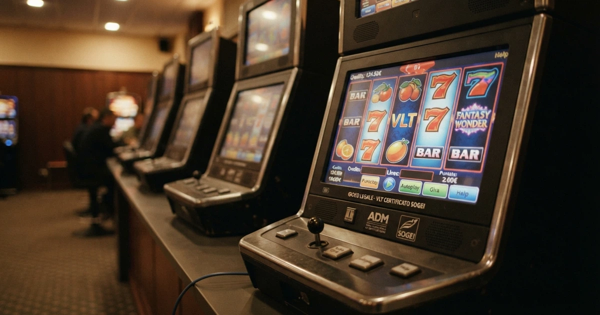 Una fila di terminali VLT accesi in una sala gioco italiana, con lo schermo che mostra una slot su rulli colorati