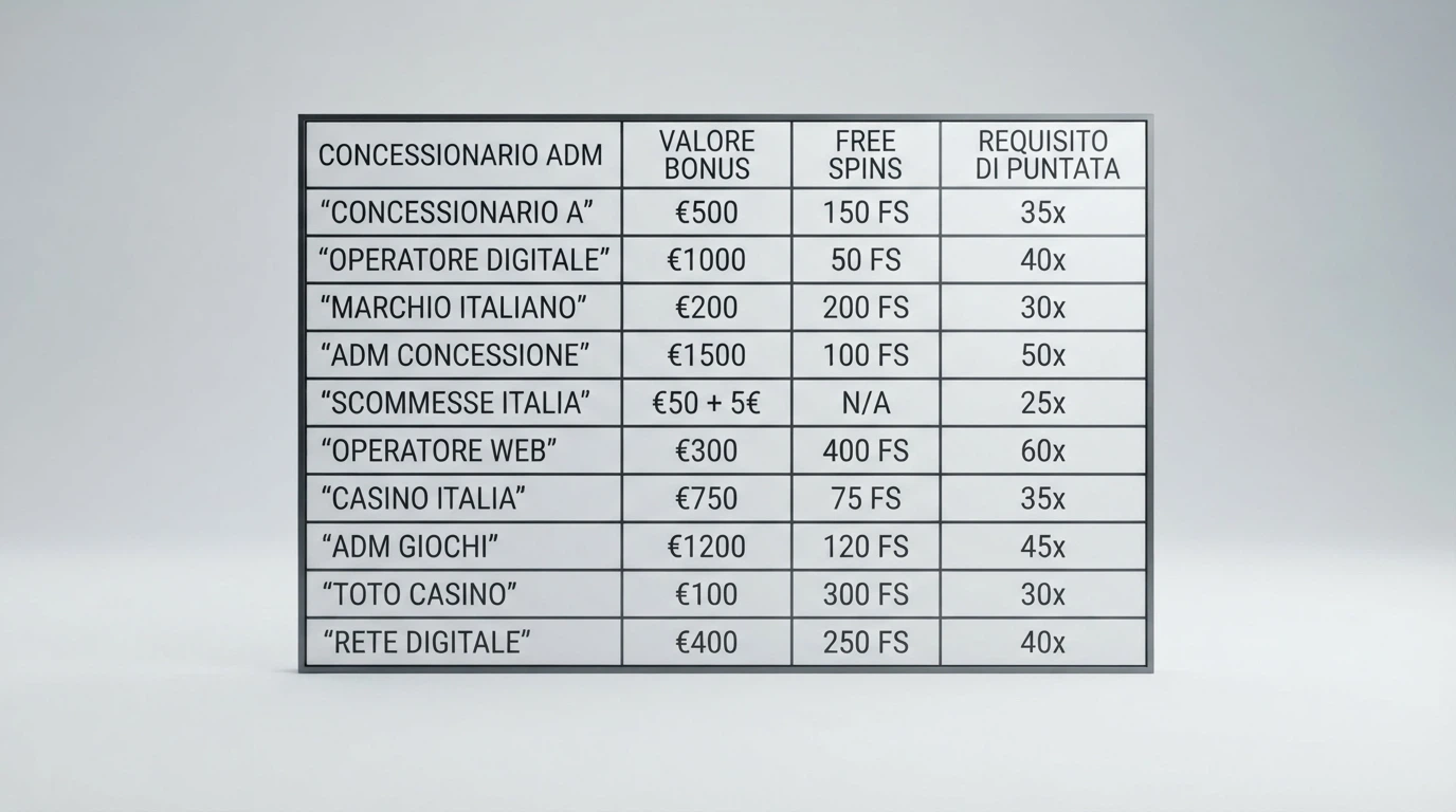 Tabella comparativa con dieci righe di operatori e colonne per bonus, giri gratis e wagering