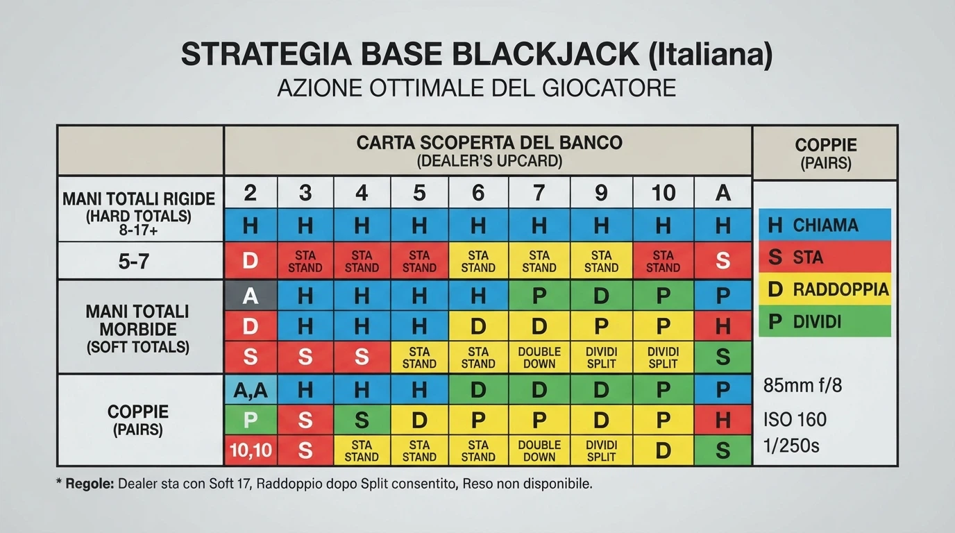 Una tabella della strategia di base del blackjack con le sezioni per mani hard, soft e coppie, affiancata a una schermata di gioco live con una mano in corso.