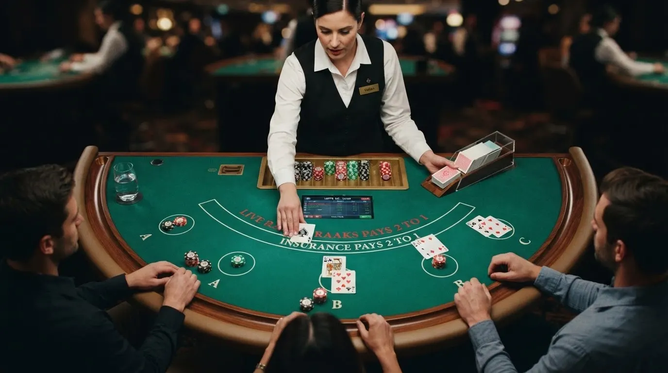 Un primo piano di un tavolo di blackjack dal vivo con le carte disposte sul panno verde, il display dell'interfaccia di puntata e il croupier che distribuisce