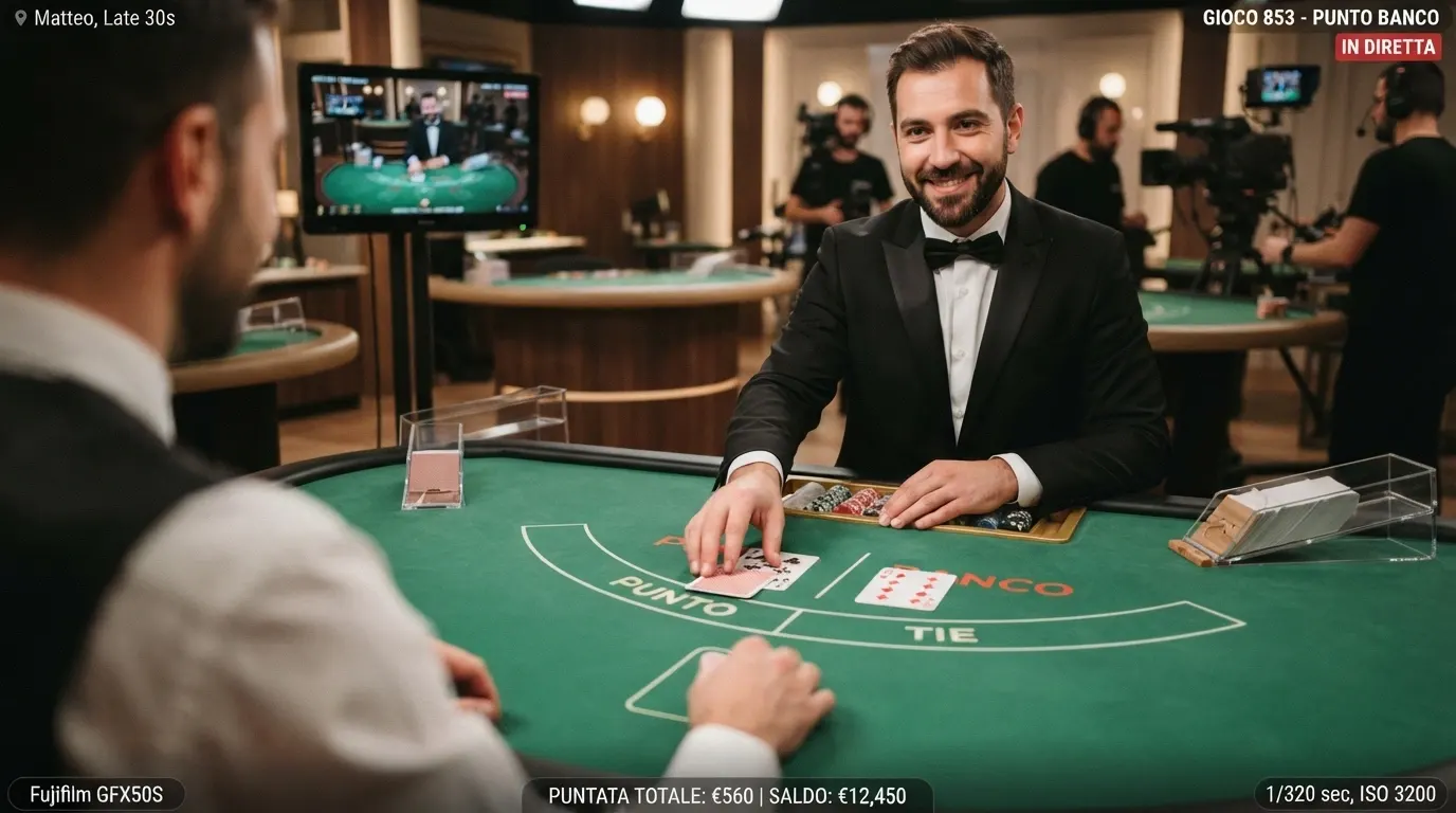 Croupier dal vivo sorridente dietro un tavolo da Punto Banco, inquadratura dal lato giocatore con interfaccia di puntata sullo schermo