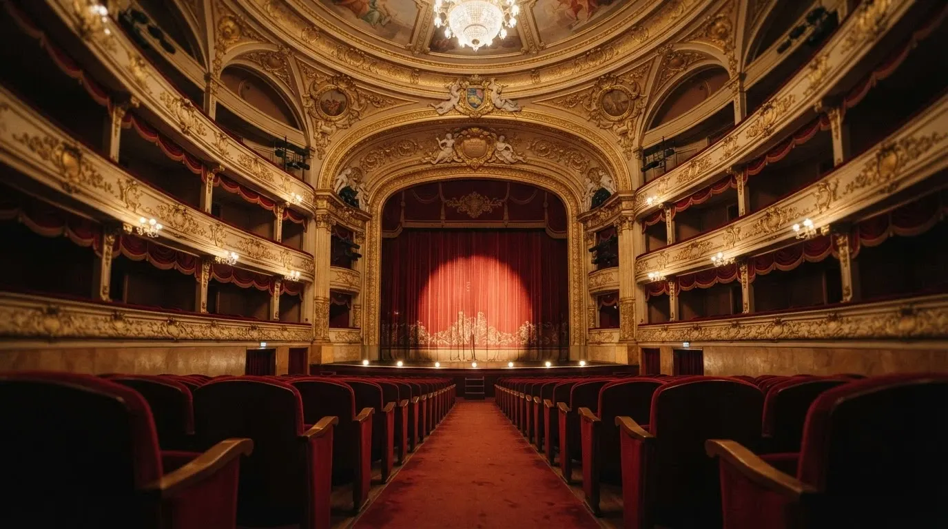 Il palcoscenico del Teatro dell'Opera del Casinò di Sanremo con le poltrone in velluto rosso e il sipario storico.