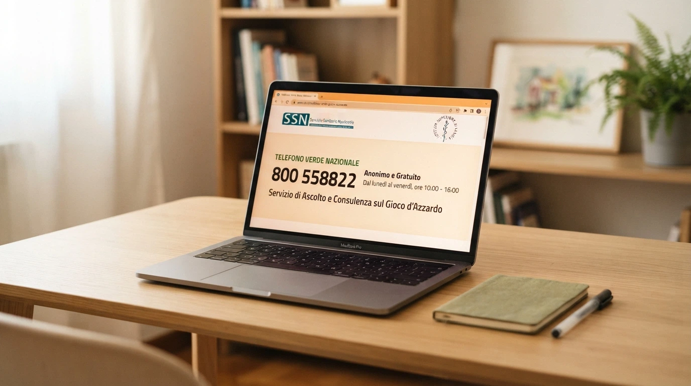 Una persona siede davanti a uno schermo con il numero 800 558822 in evidenza e il logo del Servizio Sanitario Nazionale accanto alla scritta «Telefono Verde Gioco d'Azzardo»