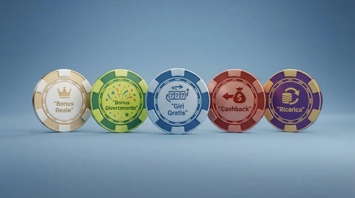 Schema visivo dei principali tipi di bonus nei casinò online: bonus senza deposito, bonus con deposito, cashback, free spins e Fun Bonus