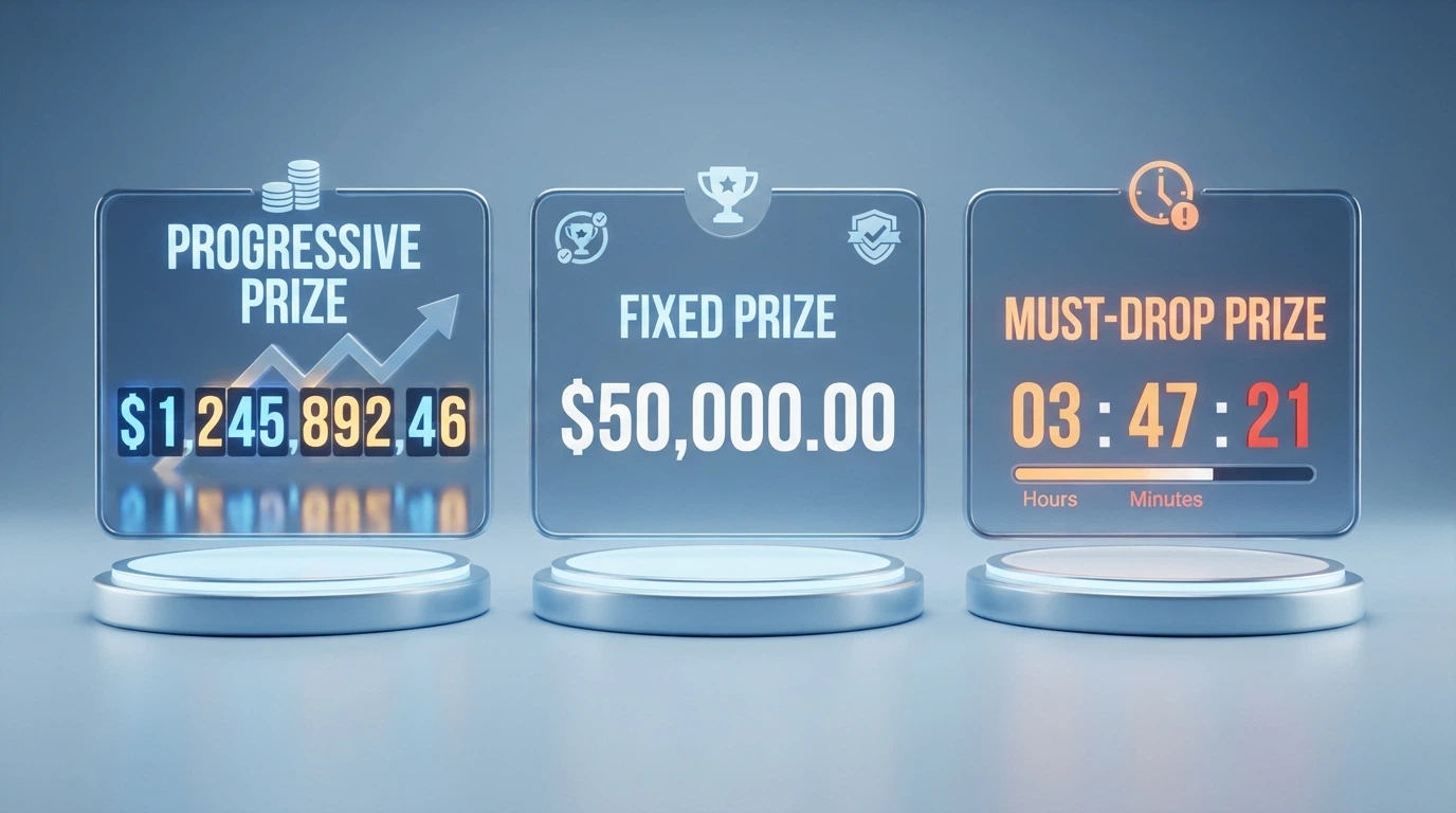 Tre riquadri affiancati illustrano i tre tipi di jackpot: un contatore che sale (progressivo), una cifra fissa (fisso) e un timer con scadenza (must-drop)