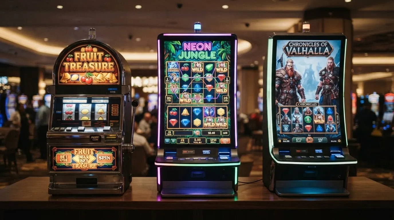 Tre slot machine affiancate: una classica a 3 rulli con simboli di frutta, una moderna a 5 rulli con linee multiple e una video slot con animazioni ed elementi 3D