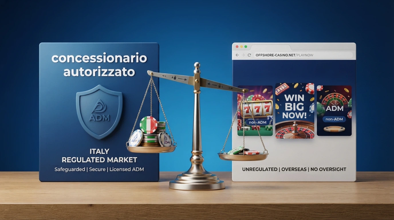 Due colonne affiancate: a sinistra un estratto del sito ADM con la scritta «concessionario autorizzato», a destra un browser con la barra degli indirizzi e l'URL di un casinò offshore, separate da una bilancia visivamente sbilanciata verso la colonna ADM