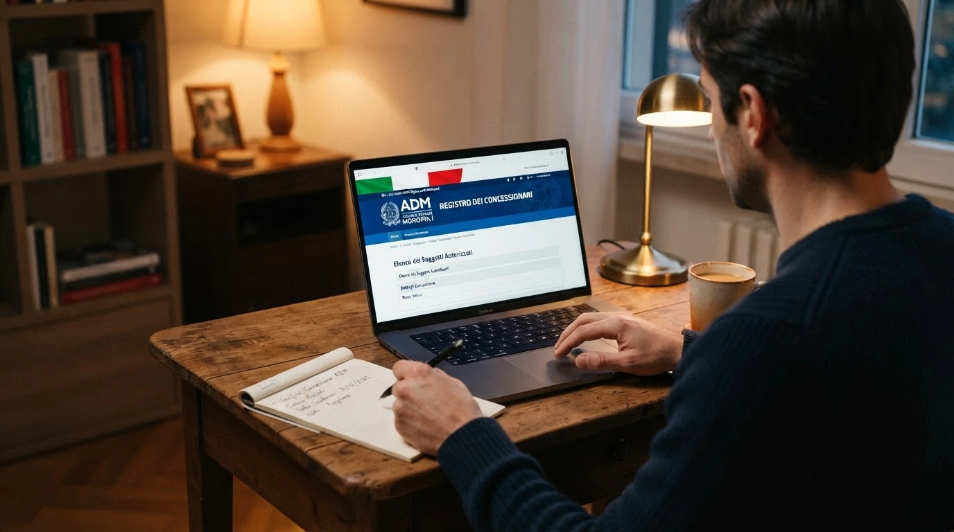 Interfaccia del registro concessioni ADM con simboli della regolamentazione italiana del gioco