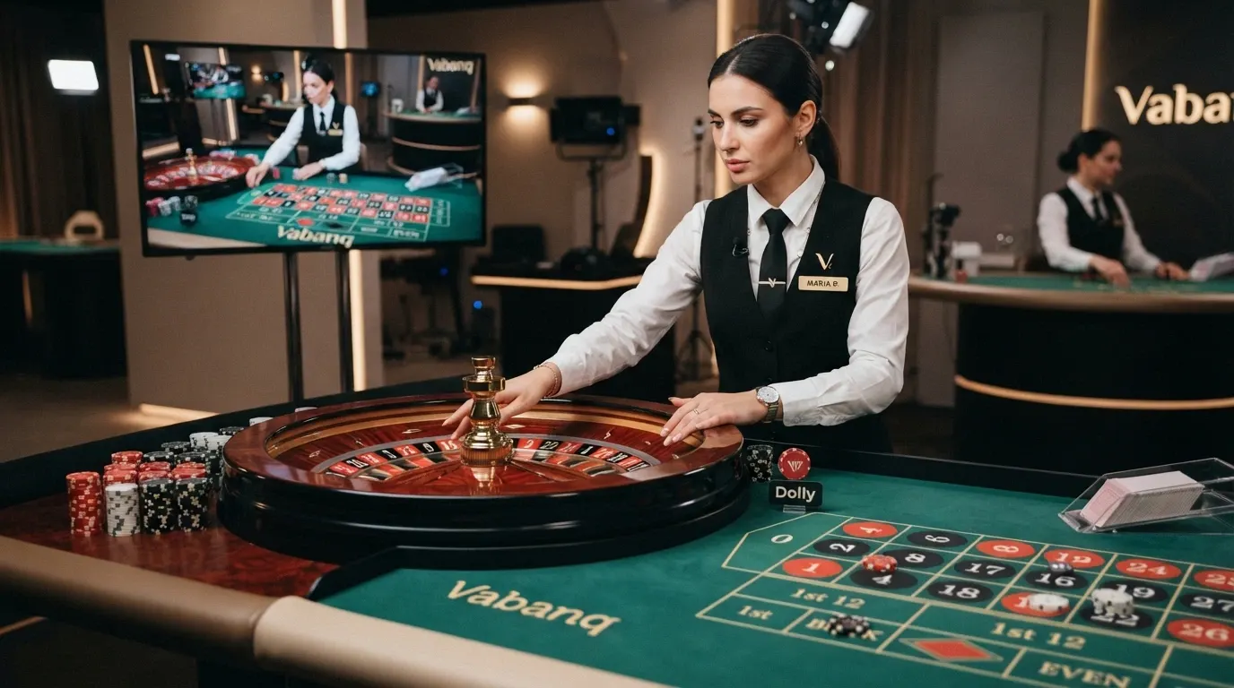 Tavolo da roulette live con interfaccia Vabanq, dealer inquadrato e marchio Novomatic visibile