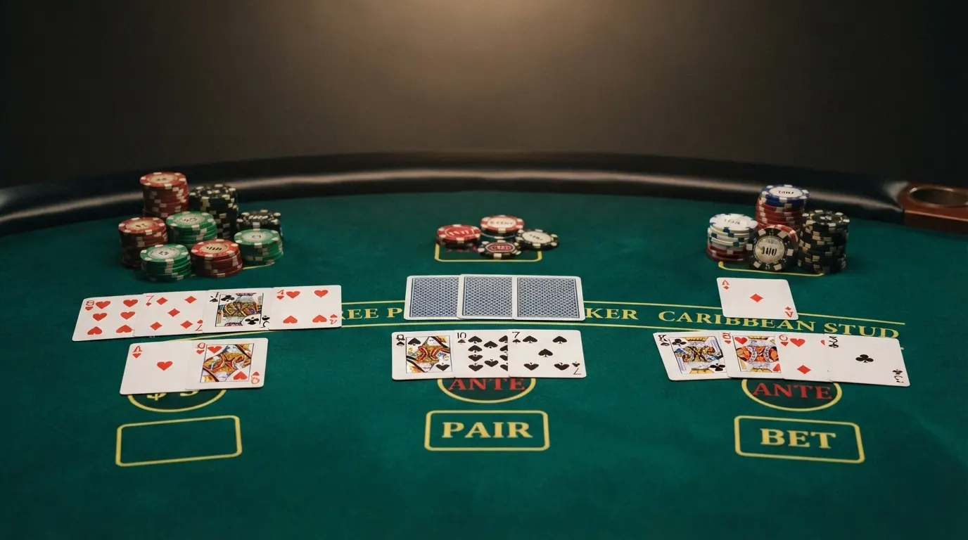 Tre mani di poker disposte a ventaglio su un tavolo verde: un Texas Hold'em con le carte comuni, un Three Card e un Caribbean Stud