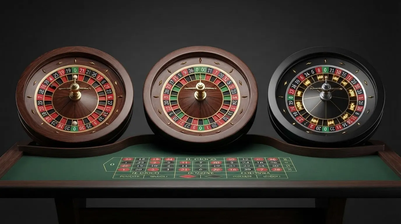 Tre ruote della roulette affiancate — europea con uno zero, americana con due zeri, e un tavolo Lightning Roulette con i moltiplicatori dorati sui numeri