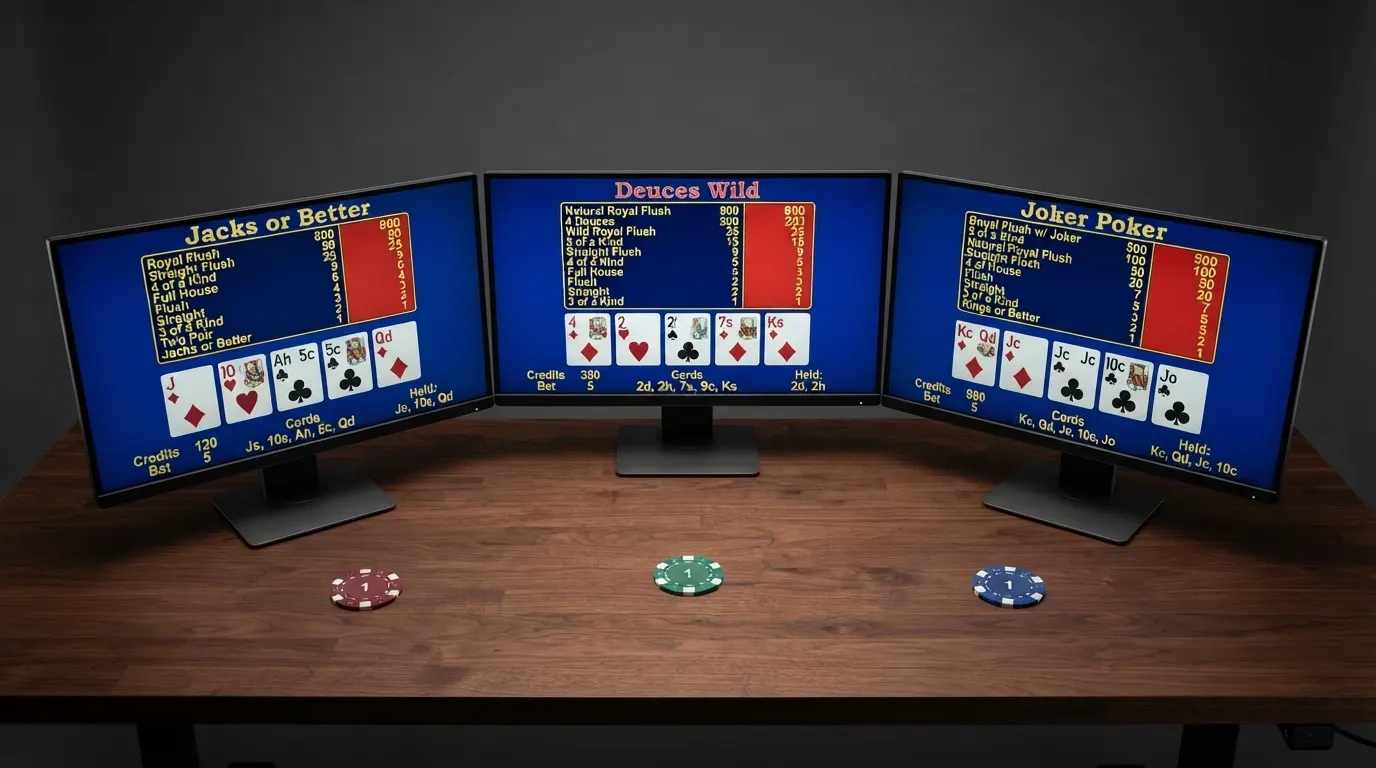 Tre schermate affiancate di Jacks or Better, Deuces Wild e Joker Poker con il rispettivo paytable in primo piano