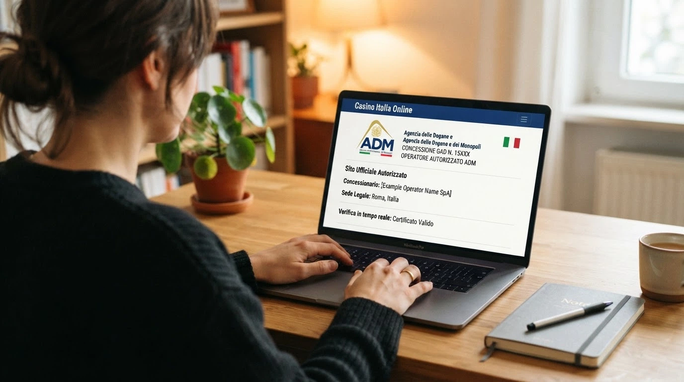 Il logo ADM e l'interfaccia di verifica di una concessione sul sito di un casinò online italiano