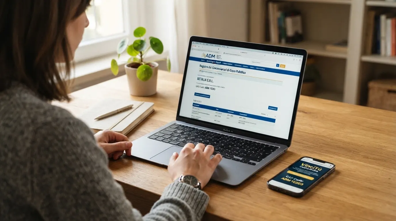Schermata di un computer con il portale ADM aperto sulla pagina del registro concessionari, accanto uno smartphone con il sito di un casinò