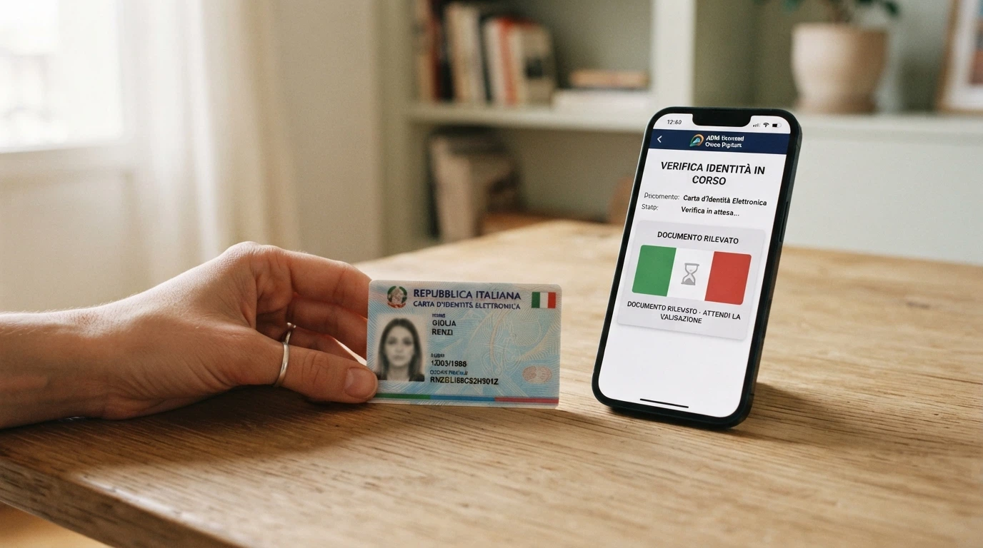 Un primo piano del logo SPID accanto a una Carta d'Identità Elettronica (CIE) appoggiata su un tavolo, con lo schermo di un computer sullo sfondo che mostra la schermata di verifica di un casinò ADM.