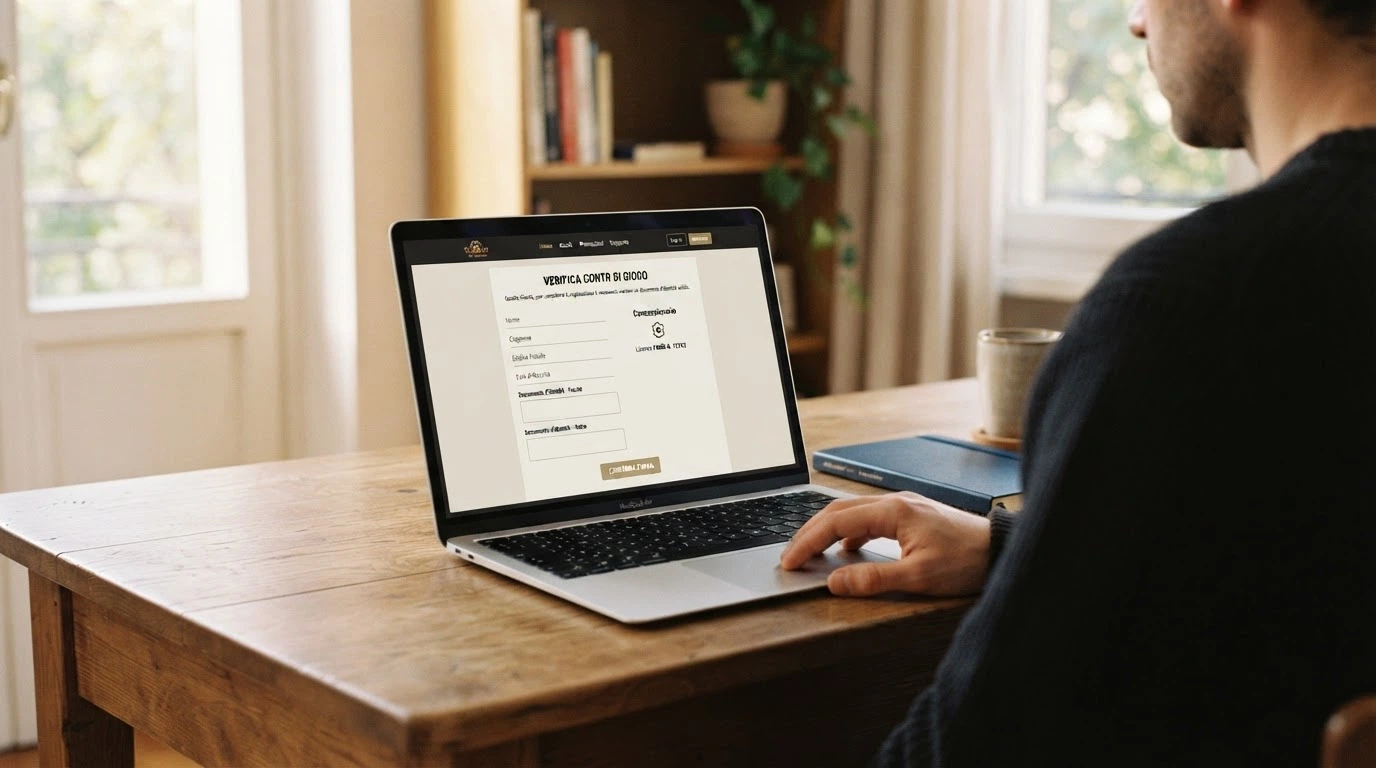 Lo schermo di un computer portatile che mostra la pagina di verifica della concessione ADM di un casinò online, con il numero di licenza e la dicitura «concessionario» in evidenza