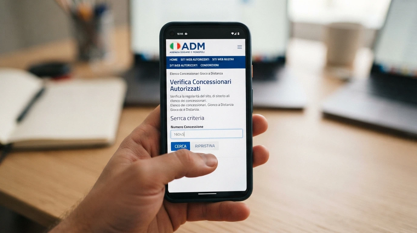 Il footer di un casinò online autorizzato con evidenziato il numero di concessione ADM accanto al logo dell'Agenzia delle Dogane e dei Monopoli