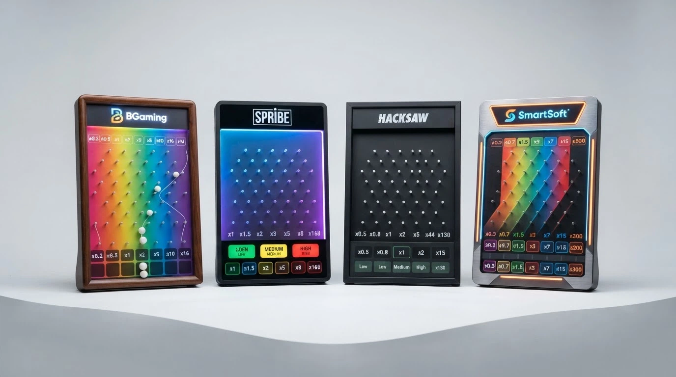 Quattro tabelloni Plinko affiancati, ciascuno con il design distintivo del rispettivo provider: BGaming, Spribe, Hacksaw e SmartSoft