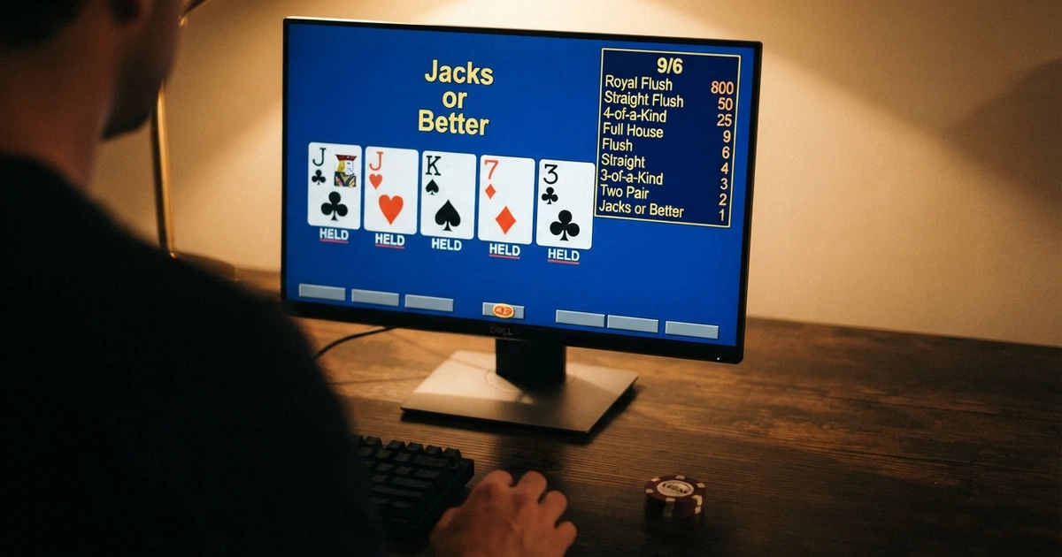 Una mano di Jacks or Better su un monitor con il paytable 9/6 visibile a lato, cinque carte scoperte e i comandi hold/draw in evidenza