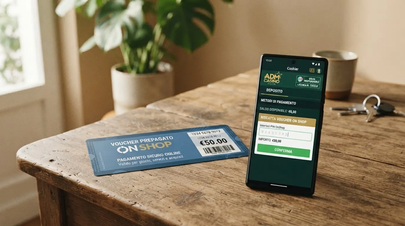 Un voucher prepagato OnShop con il relativo PIN accanto allo schermo di un casinò online ADM